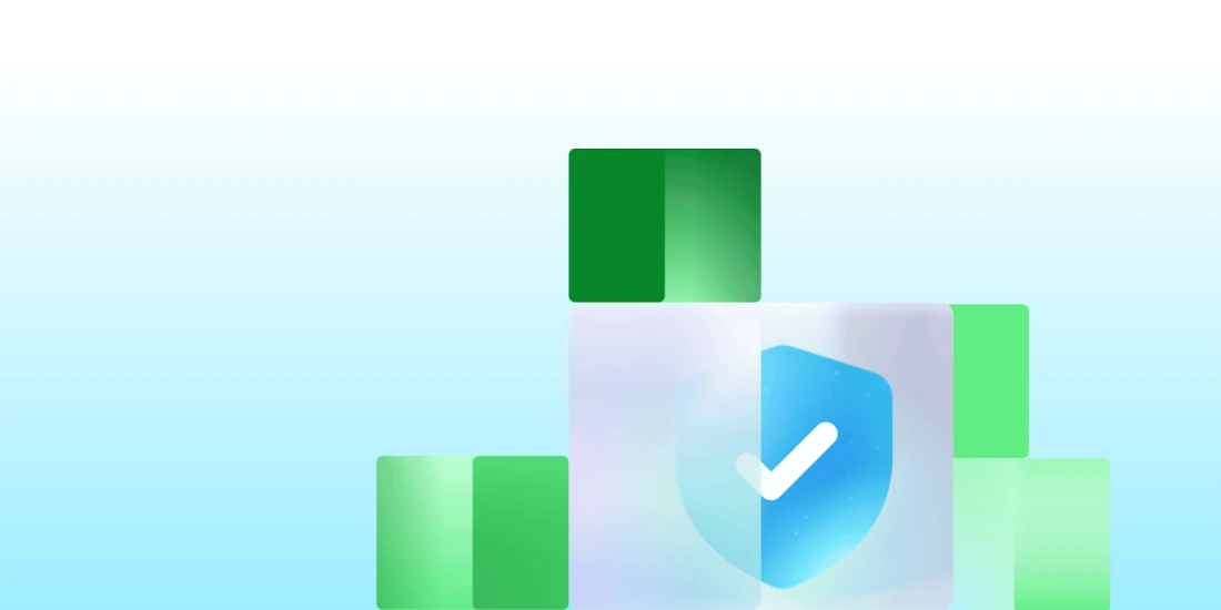 abstract green cubes with a white checkmark on a blue shield