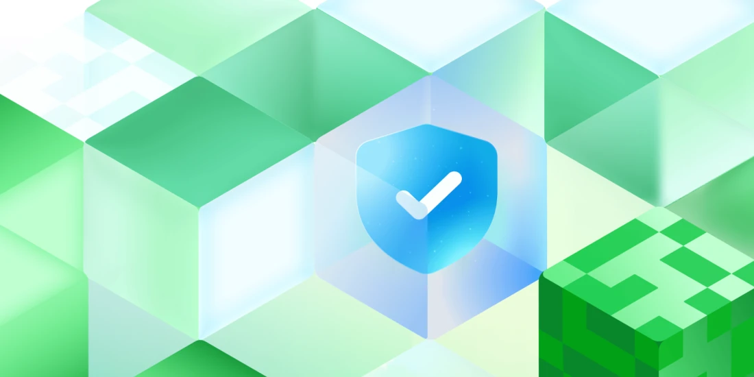abstract green cubes with a white checkmark on a blue shield
