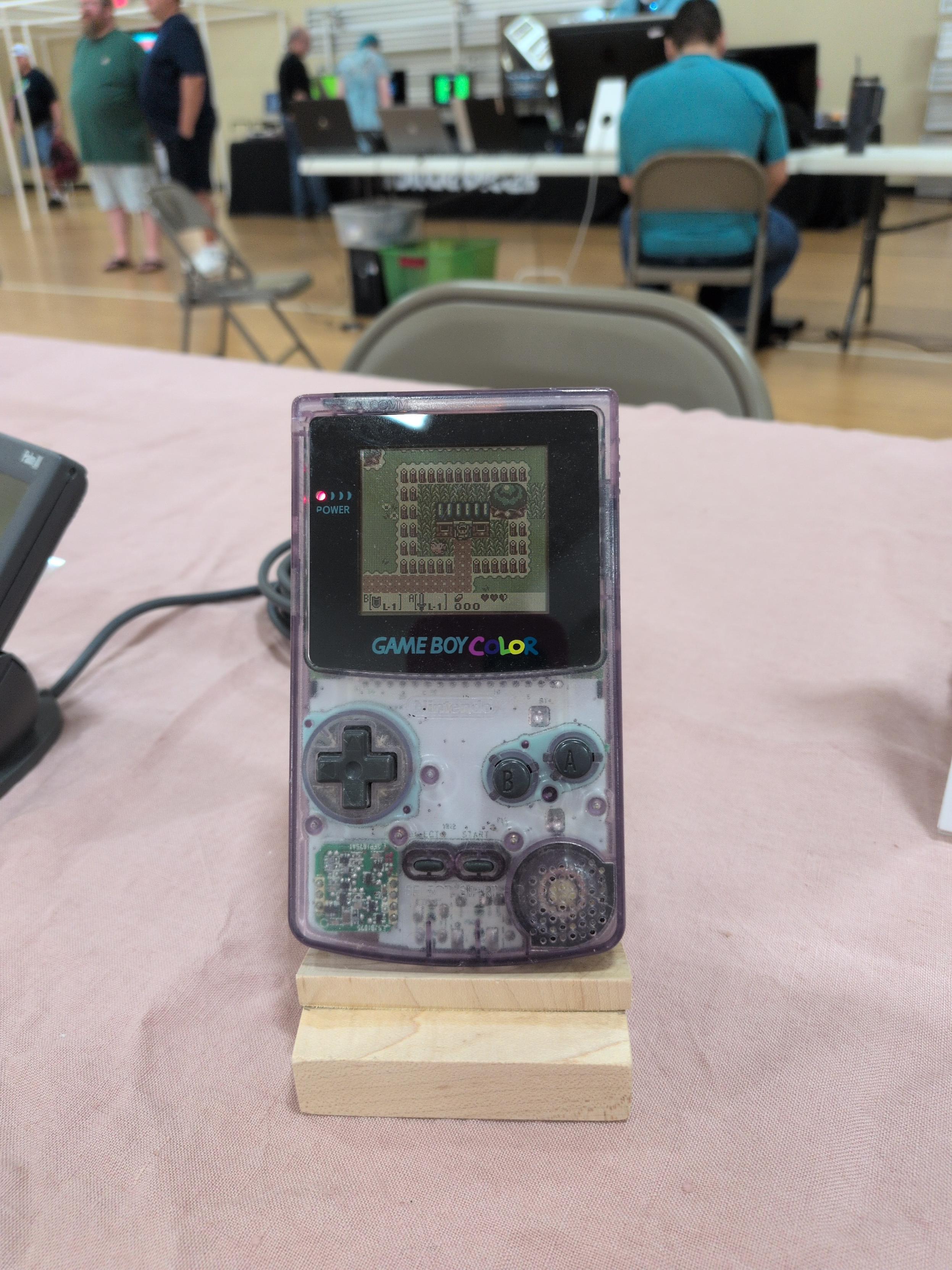 A GameBoy Color showing the start of Links Awakening